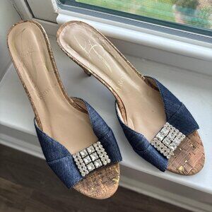 Vintage Denim Embellished Sandals with Cork Heel
